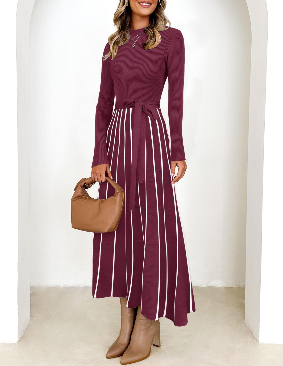 Belted Turtleneck A-Line Sweater Dress The Nichole Collection
