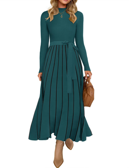 Belted Turtleneck A-Line Sweater Dress The Nichole Collection