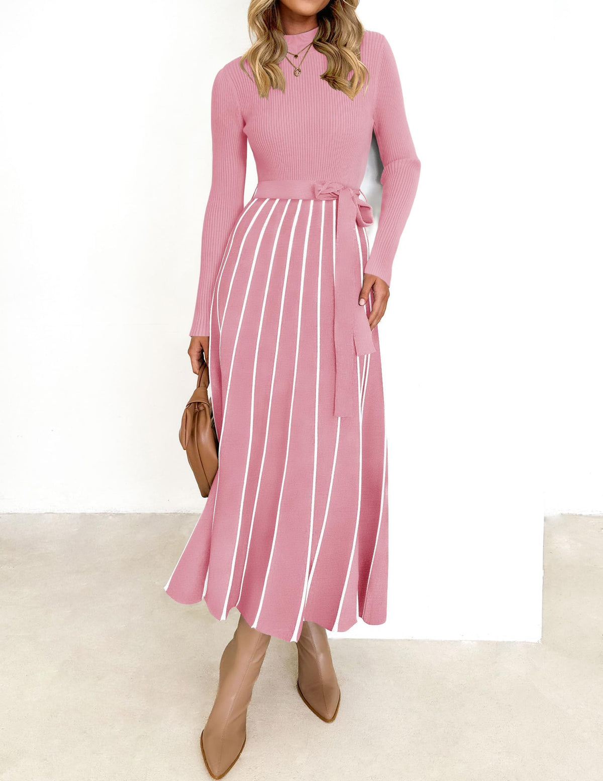 Belted Turtleneck A-Line Sweater Dress The Nichole Collection