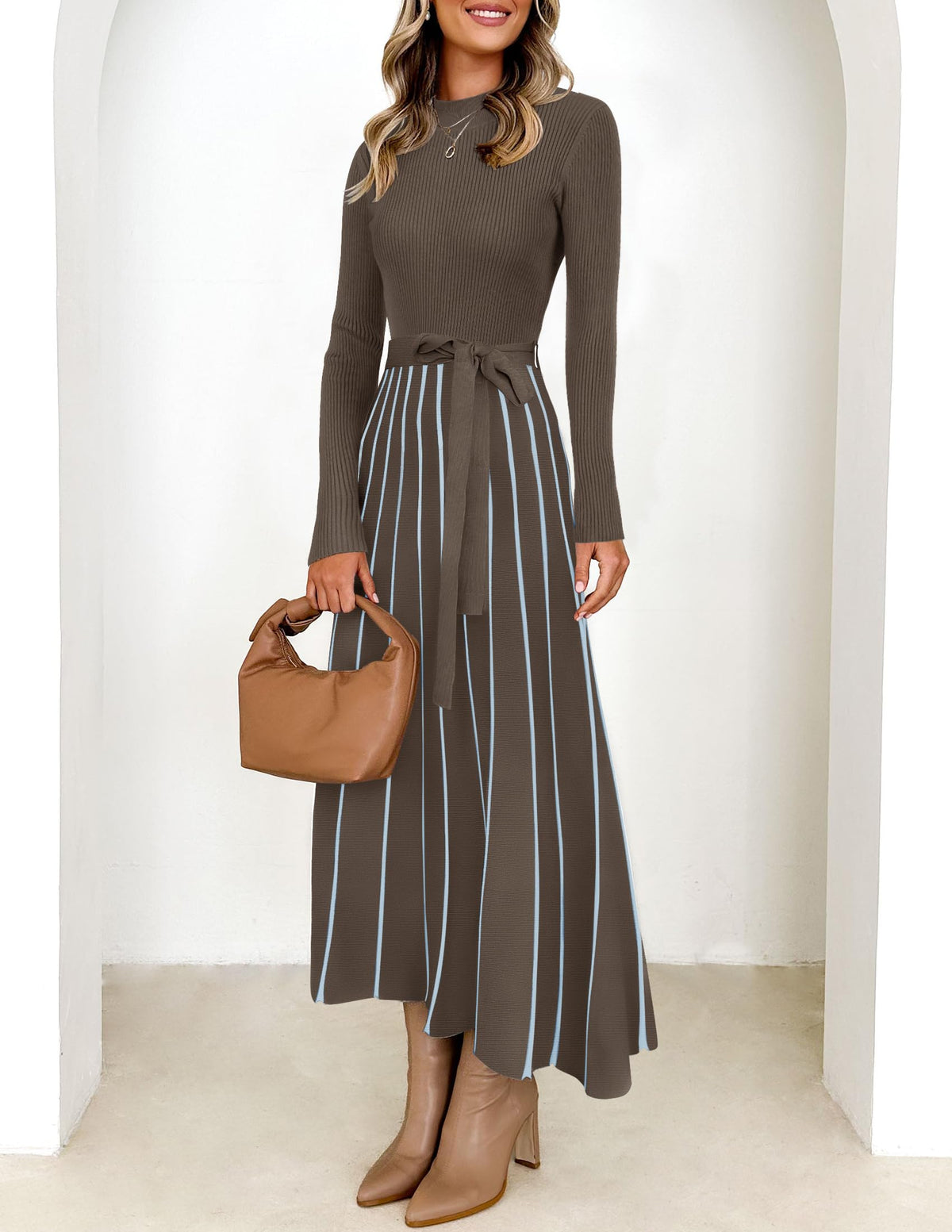 Belted Turtleneck A-Line Sweater Dress The Nichole Collection