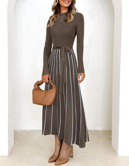 Belted Turtleneck A-Line Sweater Dress The Nichole Collection