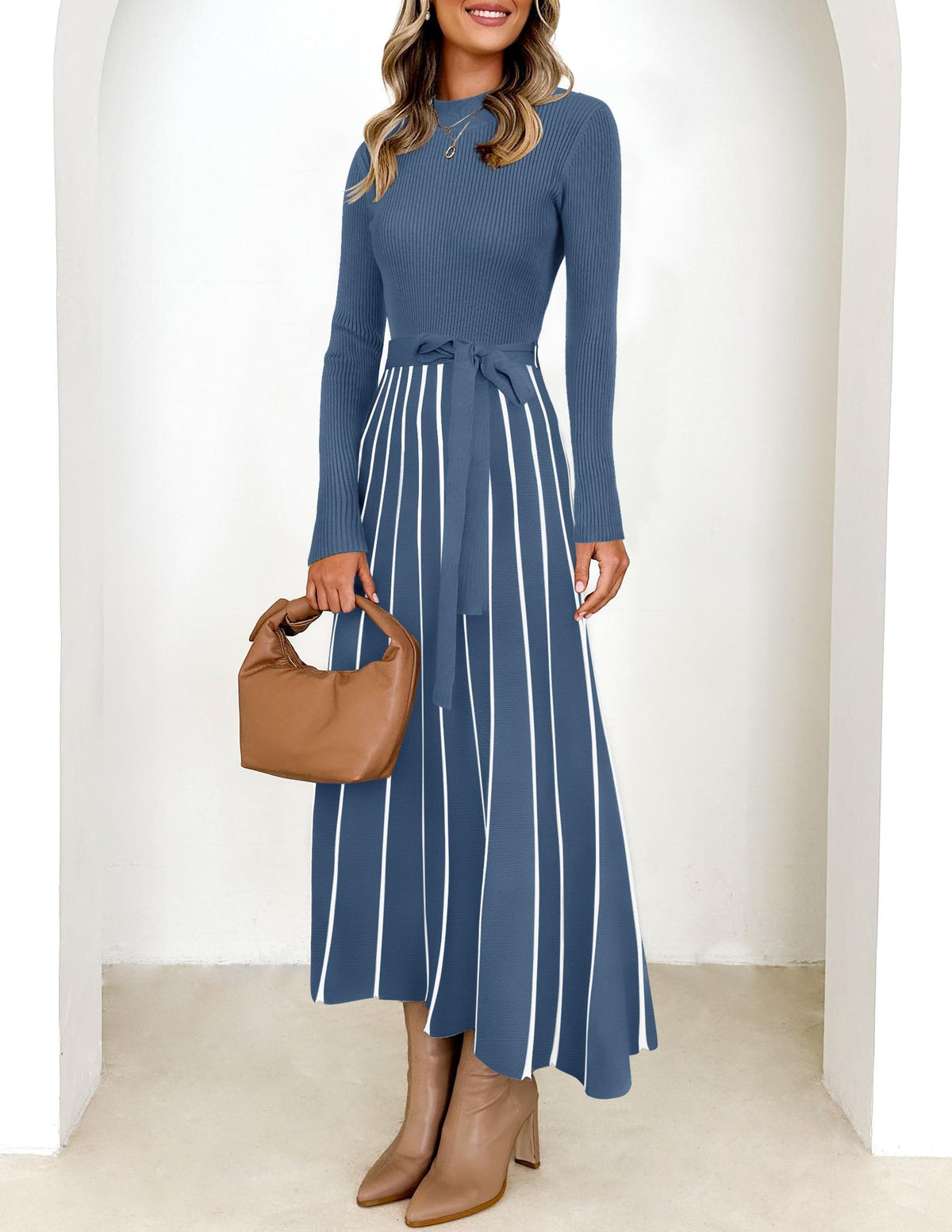 Belted Turtleneck A-Line Sweater Dress The Nichole Collection