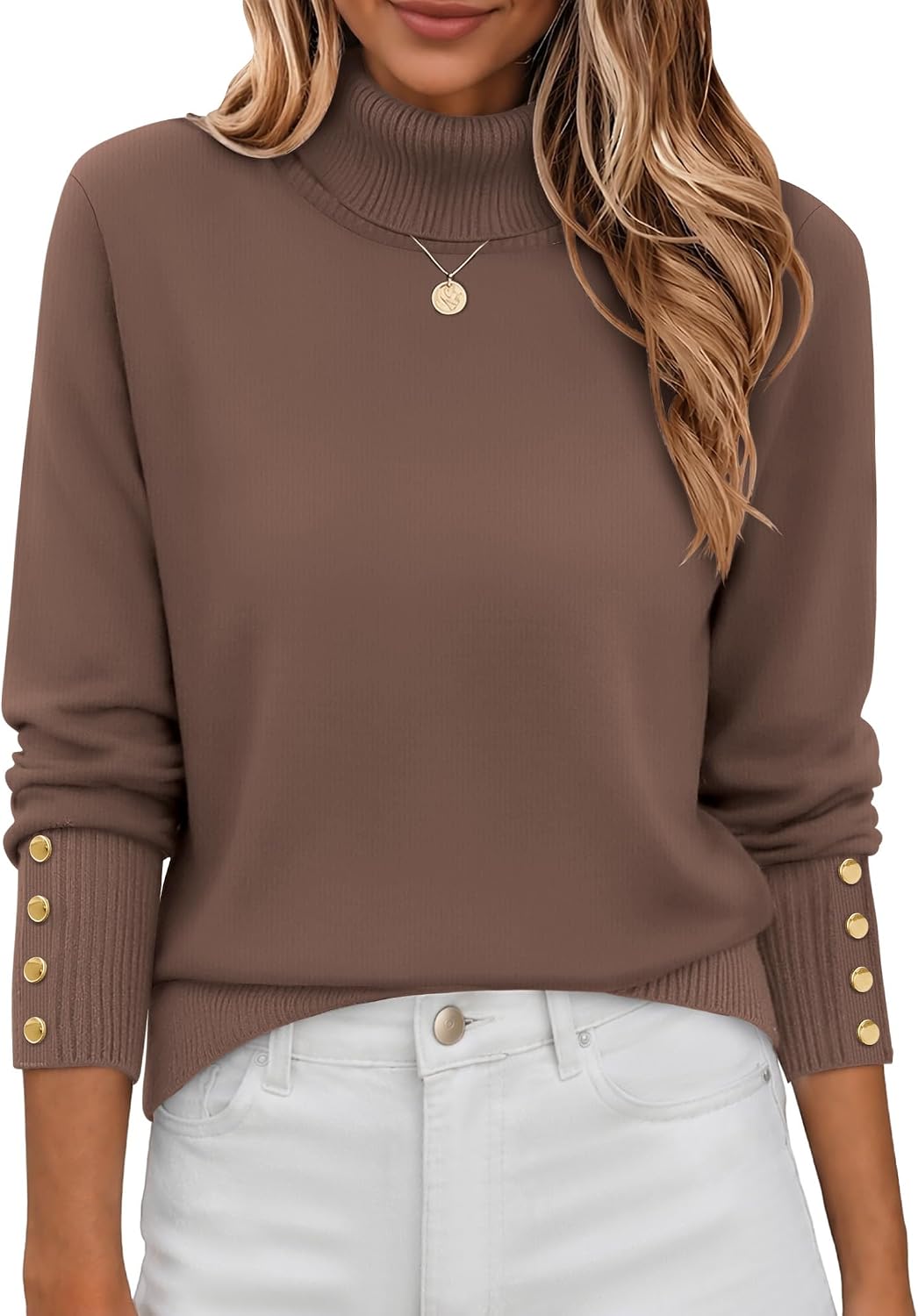 Button-Cuff Turtleneck Sweater The Nichole Collection