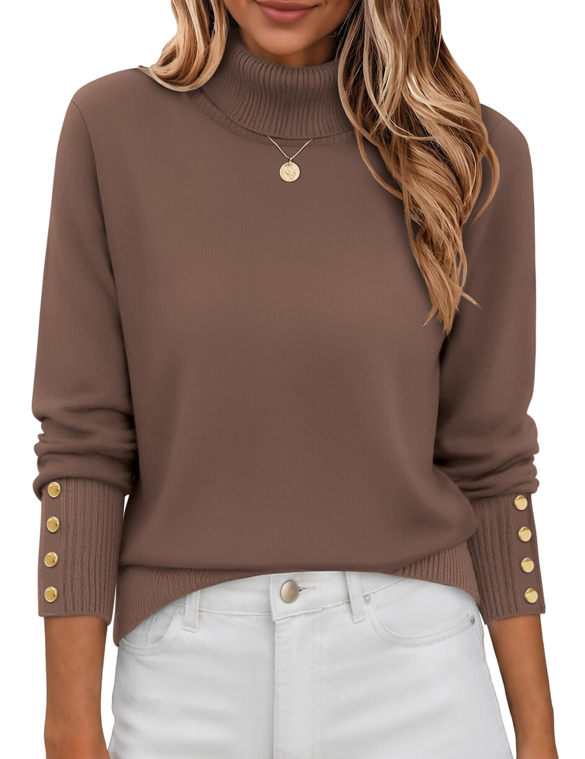 Button-Cuff Turtleneck Sweater The Nichole Collection