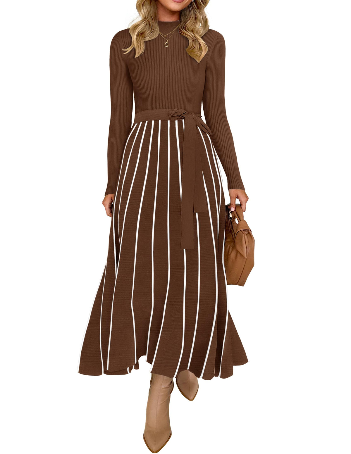 Belted Turtleneck A-Line Sweater Dress The Nichole Collection