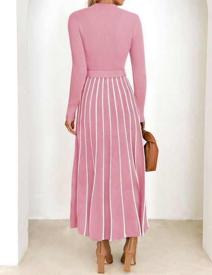 Belted Turtleneck A-Line Sweater Dress The Nichole Collection