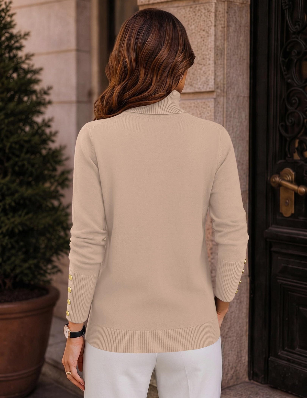 Button-Cuff Turtleneck Sweater The Nichole Collection