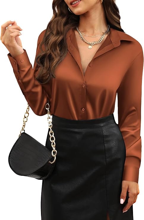 Charmeuse Satin-Feel Button-Up Blouse