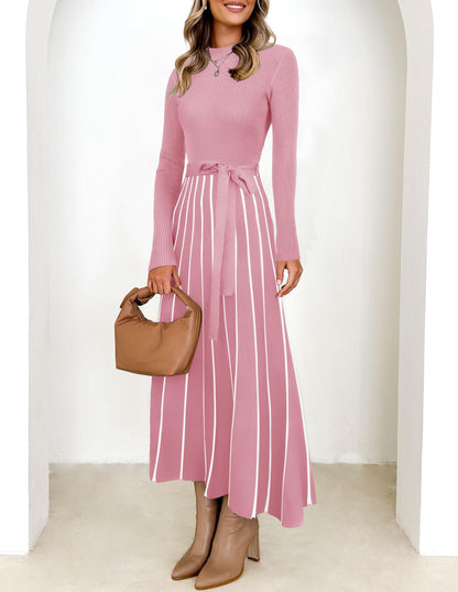 Belted Turtleneck A-Line Sweater Dress The Nichole Collection