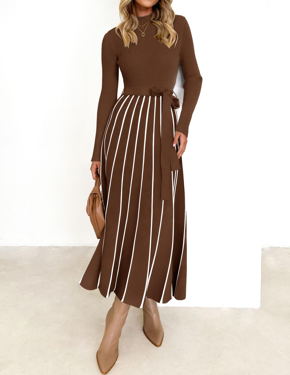 Belted Turtleneck A-Line Sweater Dress The Nichole Collection