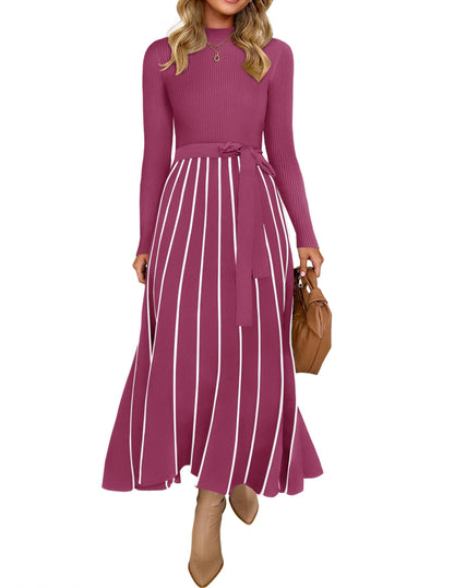 Belted Turtleneck A-Line Sweater Dress The Nichole Collection