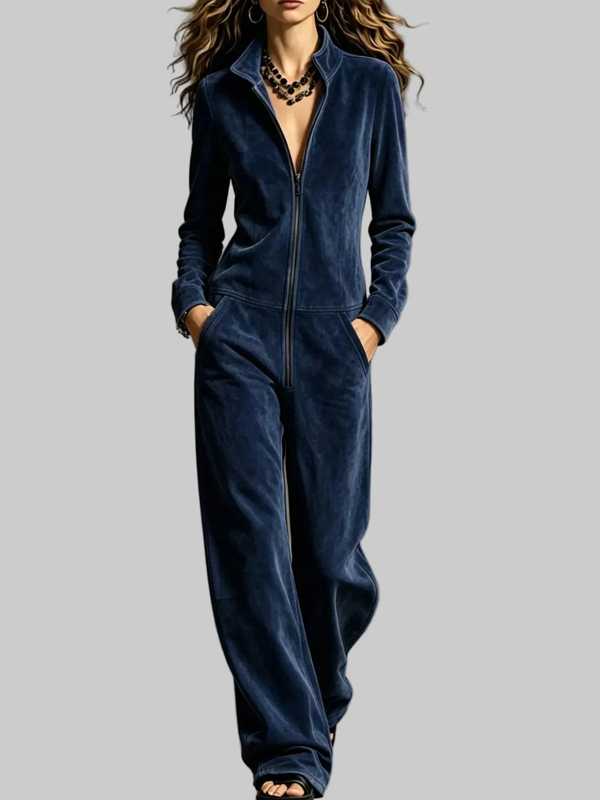 Velour Zip-Up Jumpsuit with Pockets The Nichole Collection