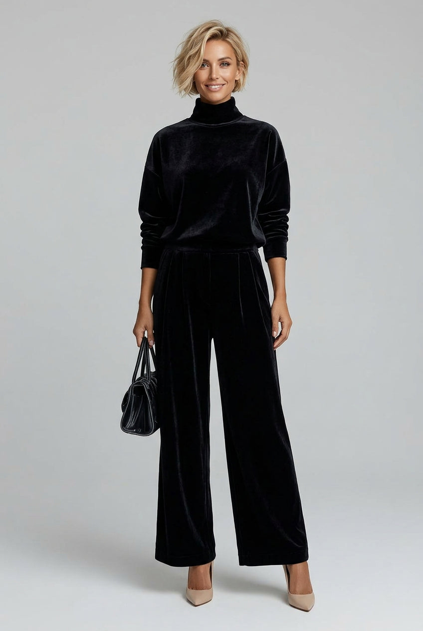 MOCK-NECK VELVET & WIDE-LEG PANTS SET The Nichole Collection - Official Site