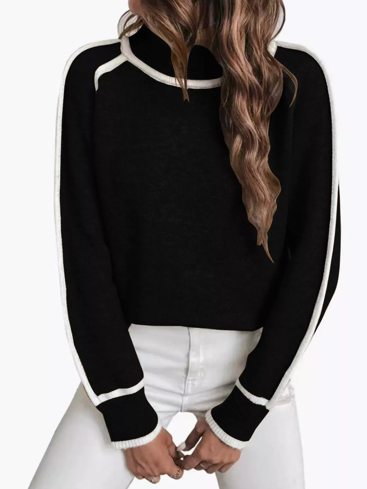 Contrast-Stitch Ribbed-Hem Turtleneck Sweater The Nichole Collection - Official Site