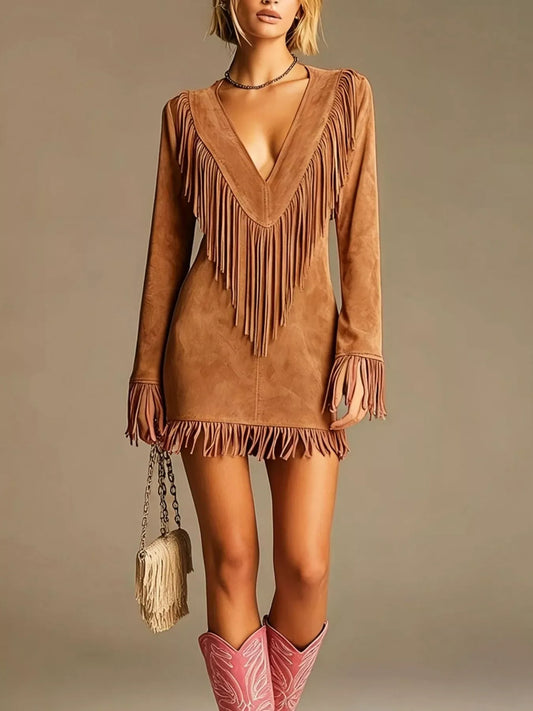 Suede-Look Fringe V-Neck Mini Dress The Nichole Collection - Official Site