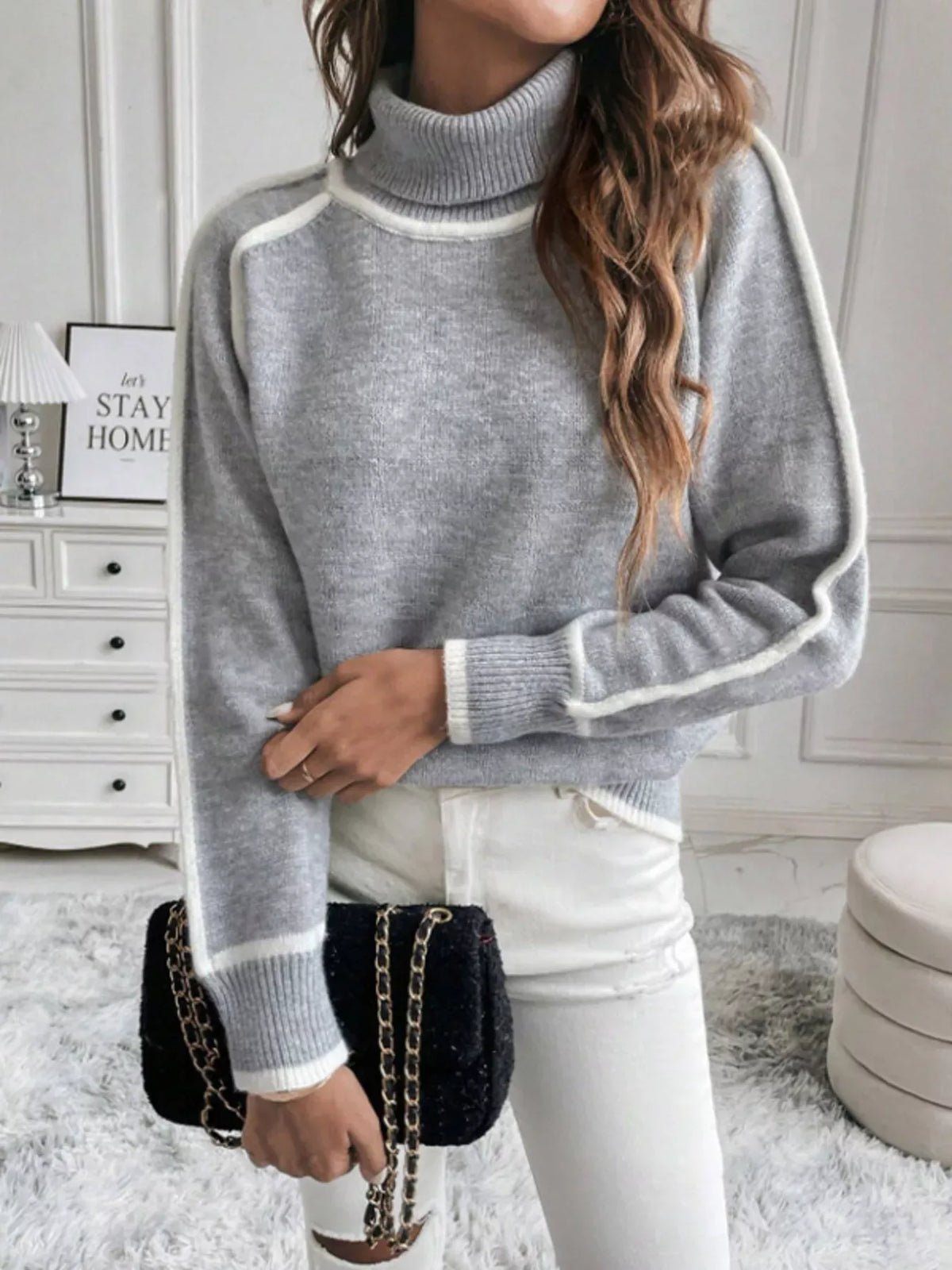 Contrast-Stitch Ribbed-Hem Turtleneck Sweater The Nichole Collection - Official Site