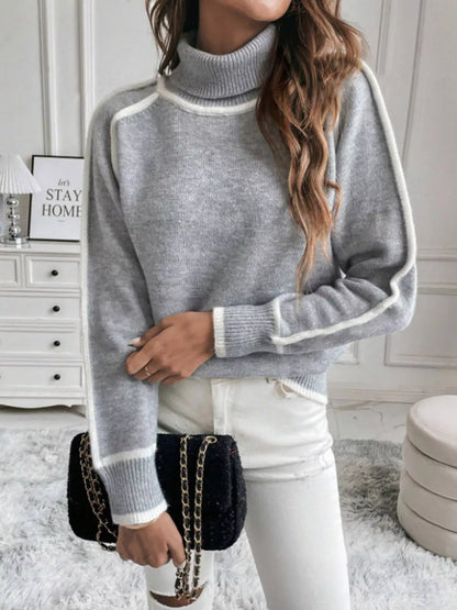 Contrast-Stitch Ribbed-Hem Turtleneck Sweater The Nichole Collection - Official Site