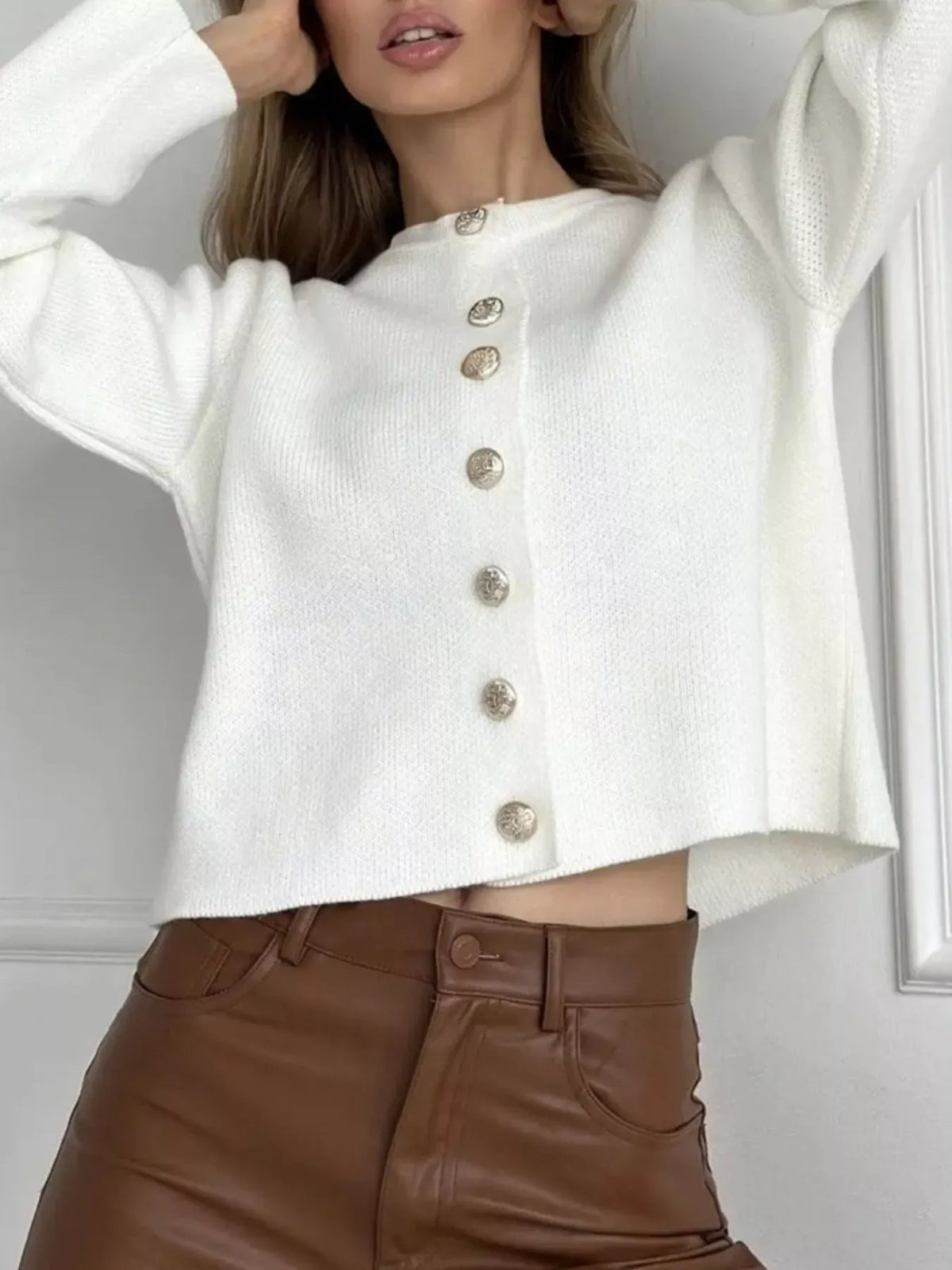 Decorative-Button Crew-Neck Knit Cardigan The Nichole Collection - Official Site