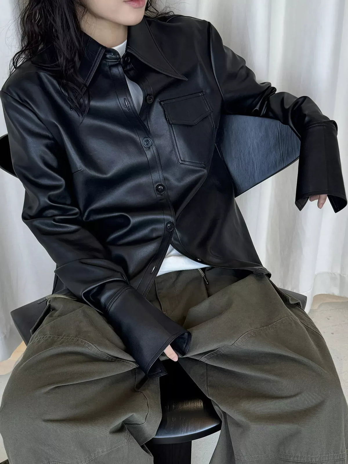 Point-Collar Faux-Leather Shacket The Nichole Collection