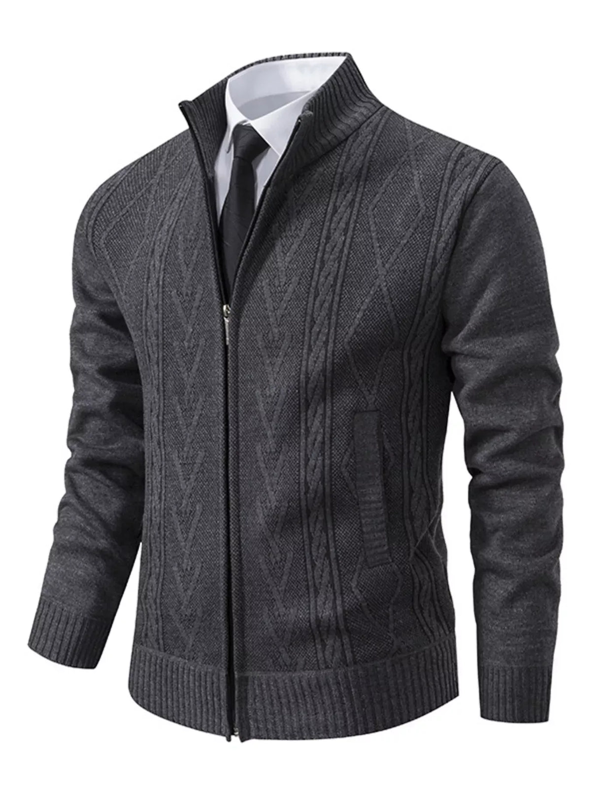 Men's Stand-Collar Full-Zip Detailed Cable-Knit Cardigan Jonathan M Collection