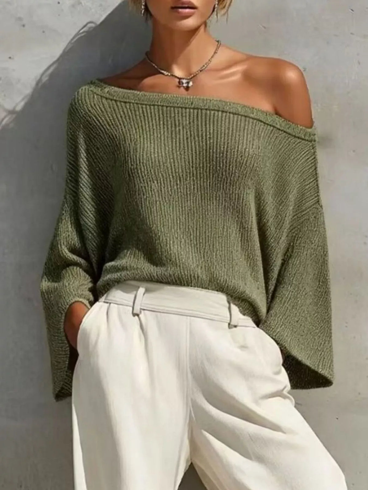 ONE-SHOULDER KNIT TOP & HIGH-WAIST PANTS SET The Nichole Collection - Official Site