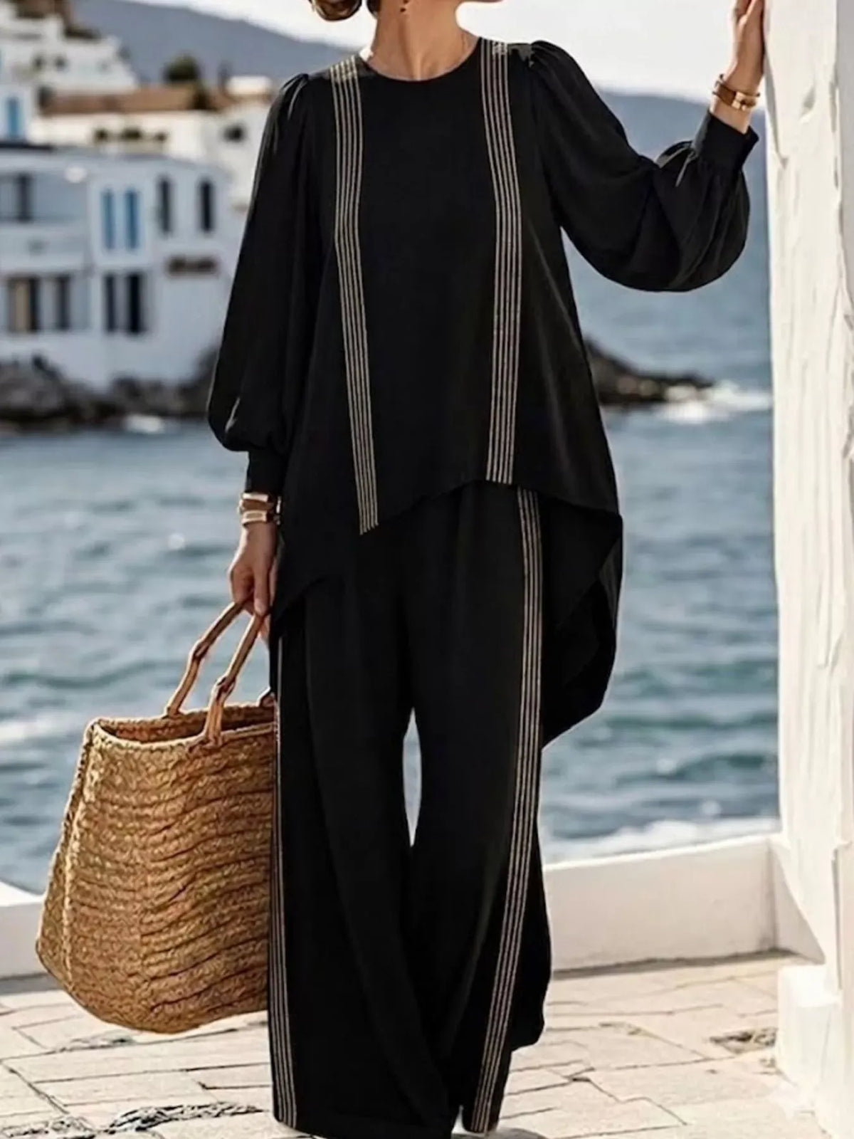 Striped Round-Neck Top & Pants Set The Nichole Collection - Official Site