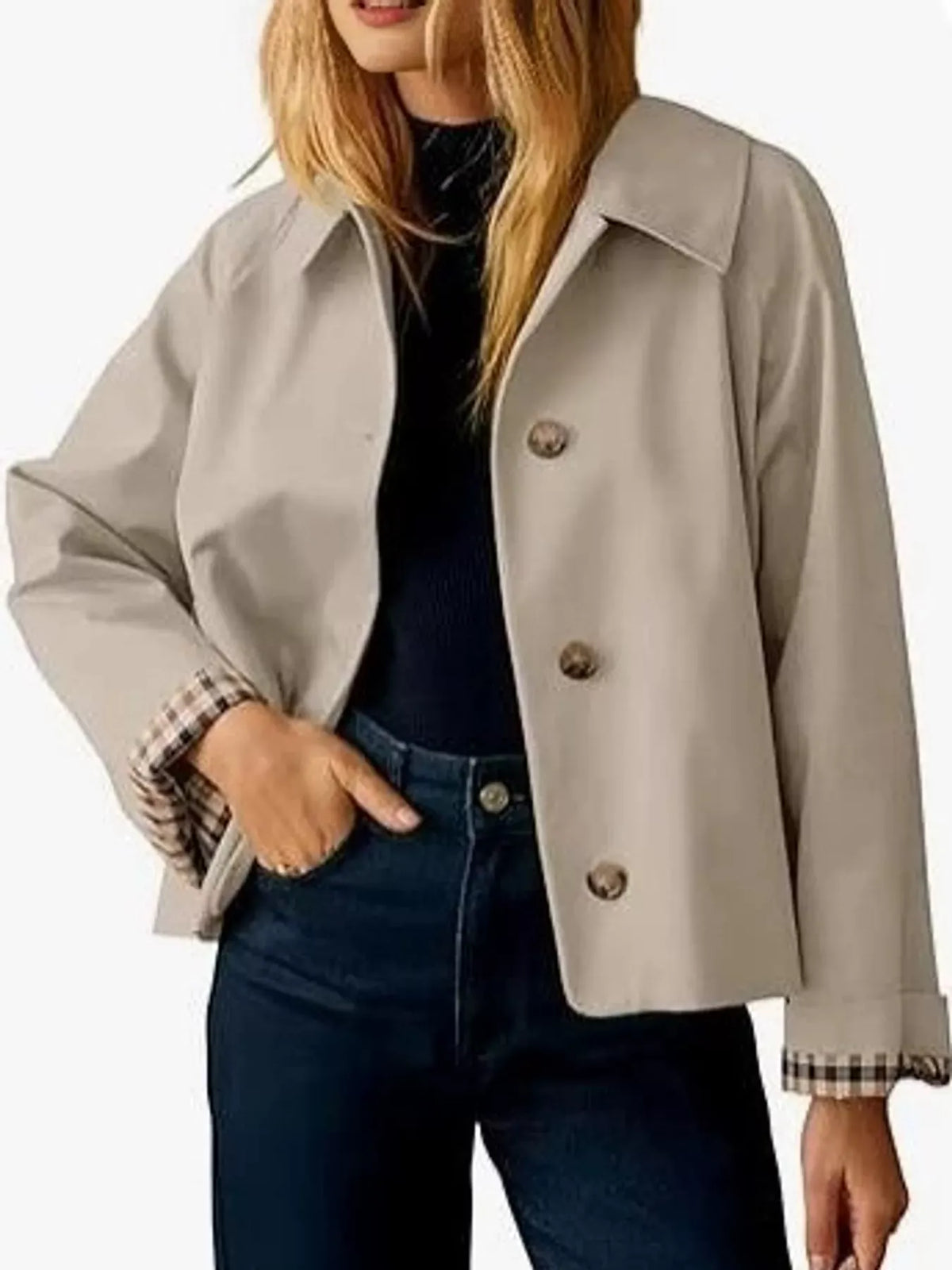 Plaid-Cuff Cropped Trench Jacket The Nichole Collection