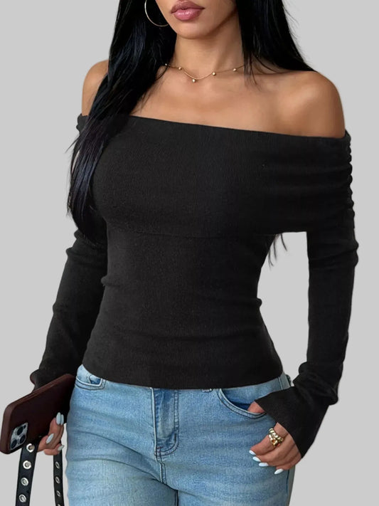 Off-Shoulder Slim-Fit Ribbed Knit Top The Nichole Collection
