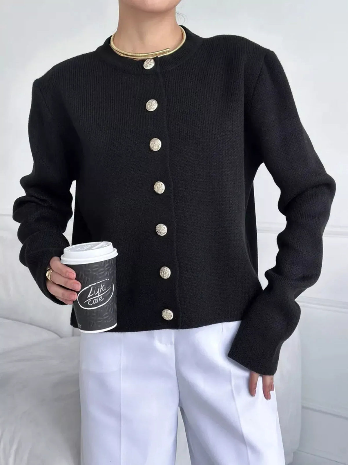 Decorative-Button Crew-Neck Knit Cardigan The Nichole Collection - Official Site