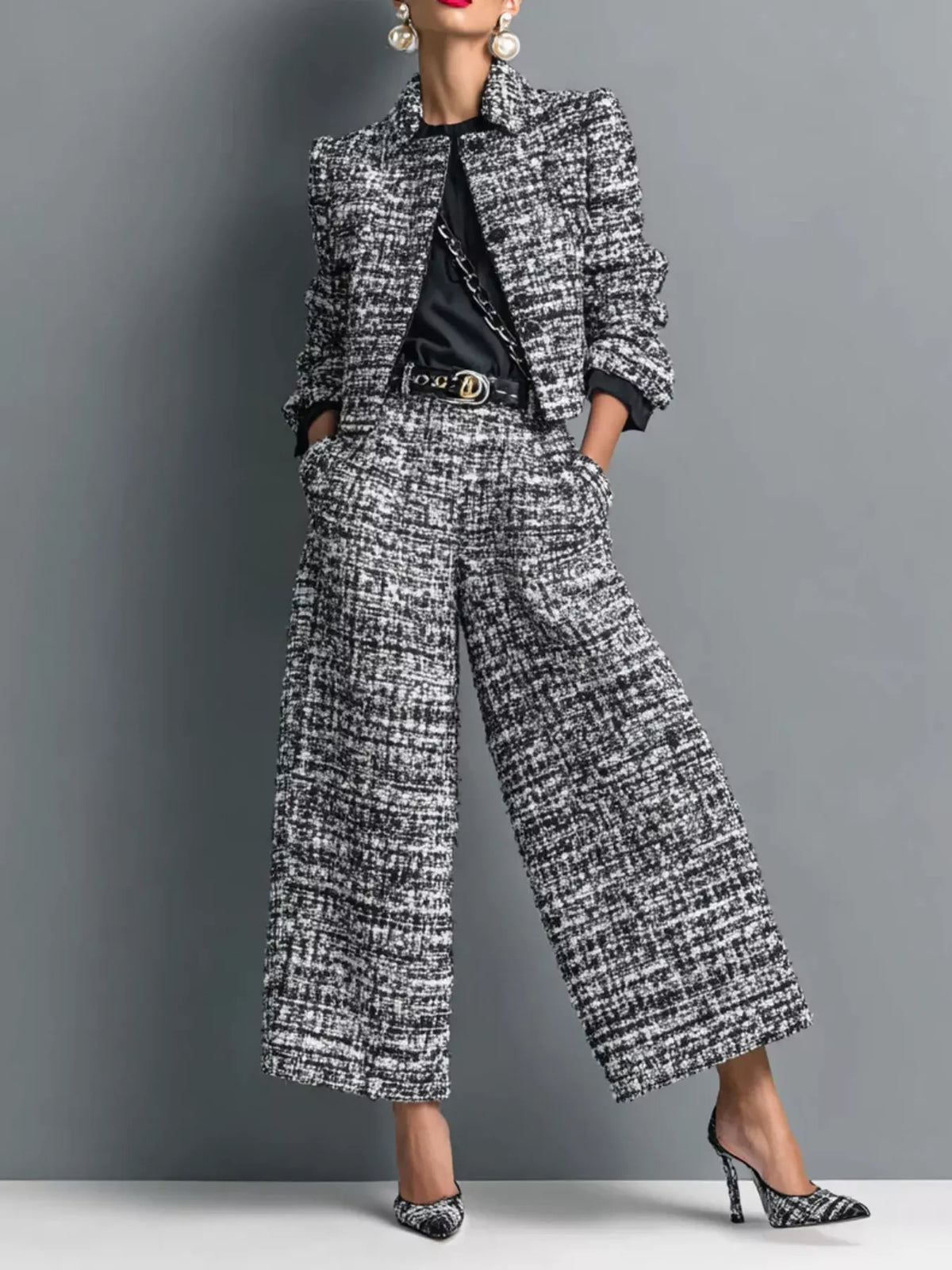 Tweed Cropped Jacket & Wide-Leg Pants Set The Nichole Collection - Official Site