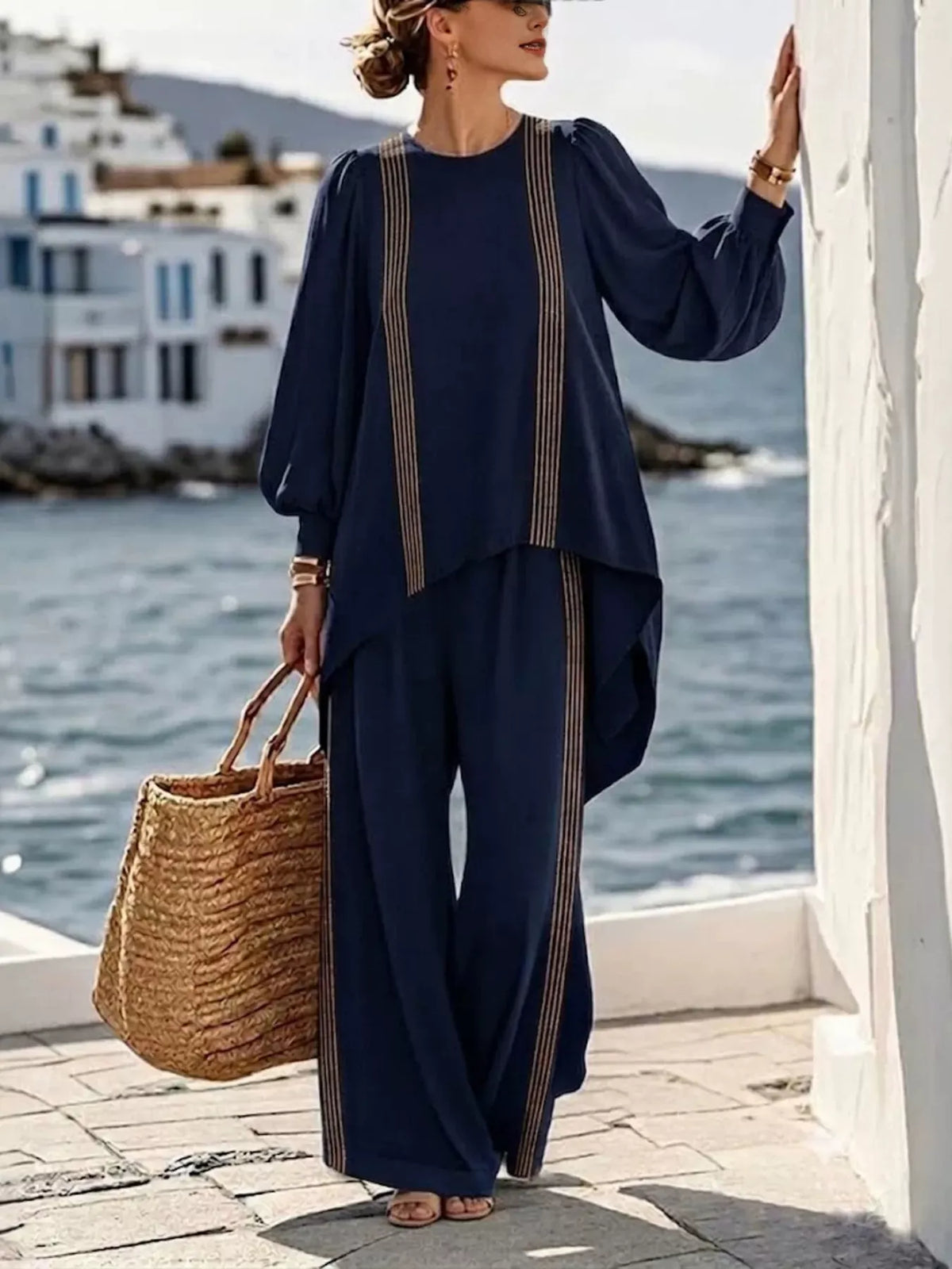Striped Round-Neck Top & Pants Set The Nichole Collection - Official Site