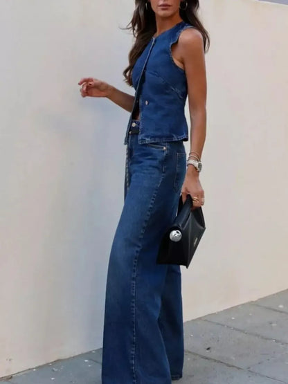 Button-Down Vest and Flare Jeans Two-Piece Denim Set - Last Call