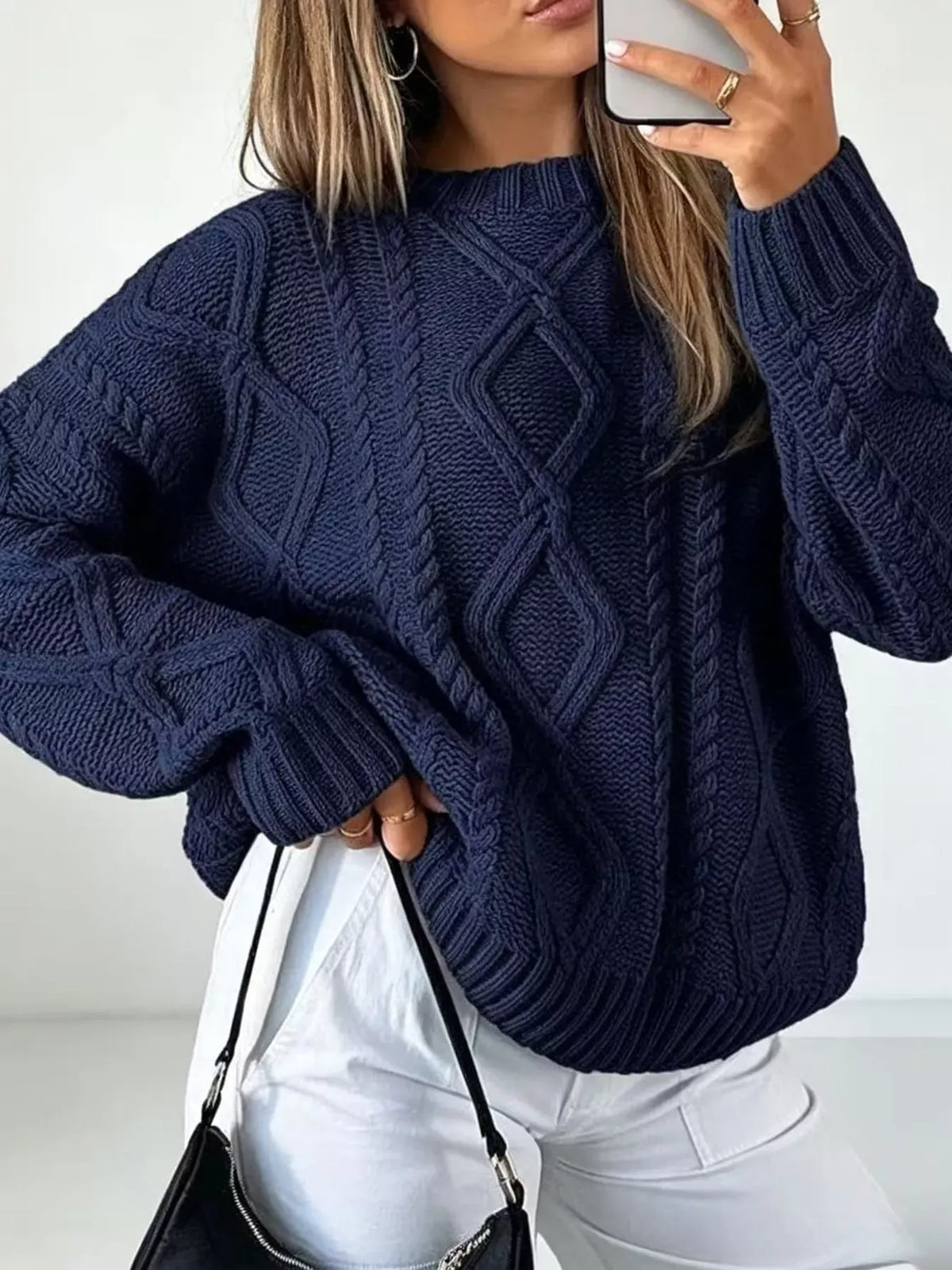 Cable-Knit Round-Neck Sweater The Nichole Collection