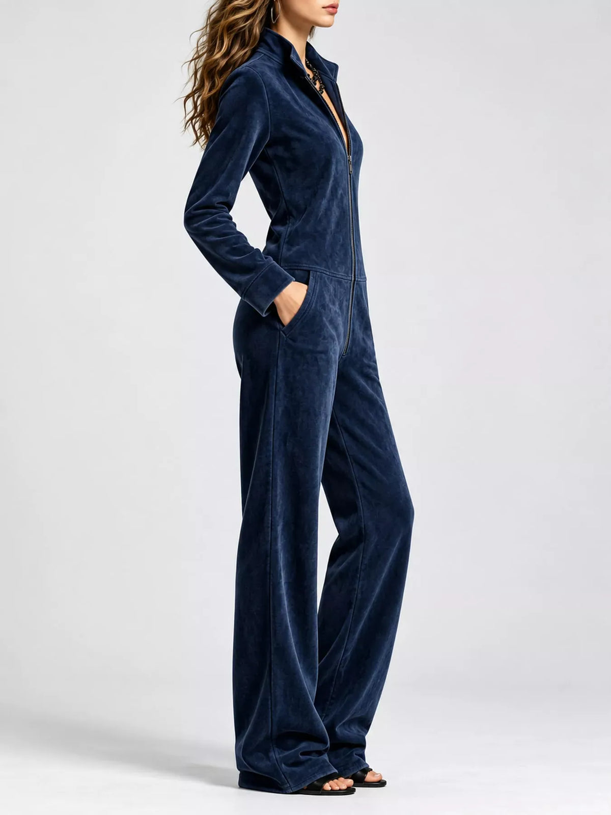 Velour Zip-Up Jumpsuit with Pockets The Nichole Collection