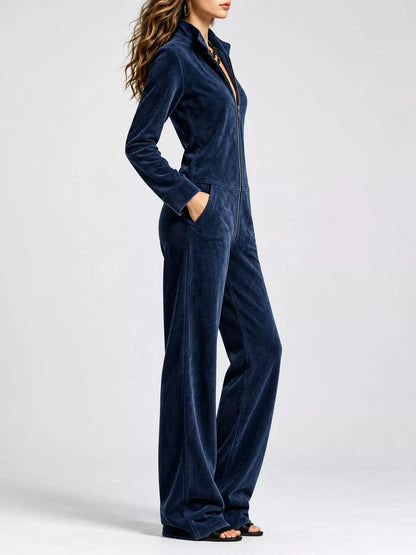 Velour Zip-Up Jumpsuit with Pockets The Nichole Collection