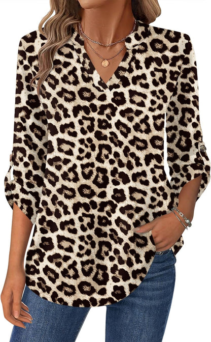 Women’s Plaid V-Neck Shirt – Long Sleeve Roll-Up Top