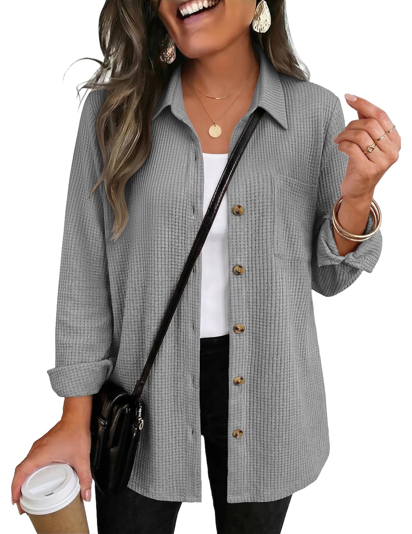 Waffle Knit Button-Down Shacket