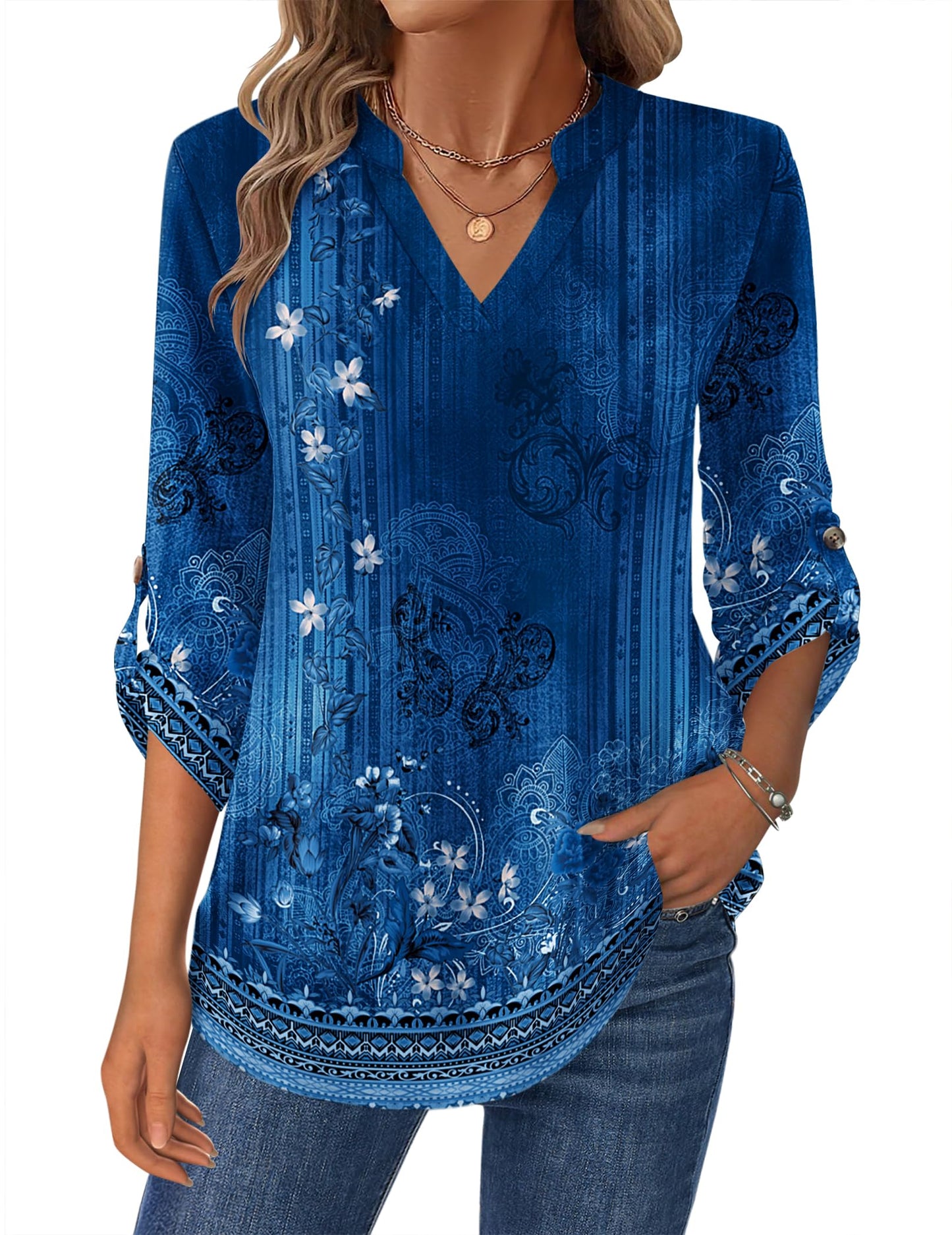 Women’s Plaid V-Neck Shirt – Long Sleeve Roll-Up Top