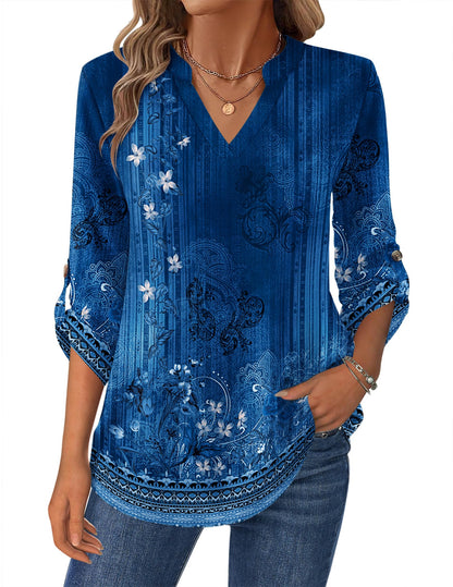 Women’s Plaid V-Neck Shirt – Long Sleeve Roll-Up Top