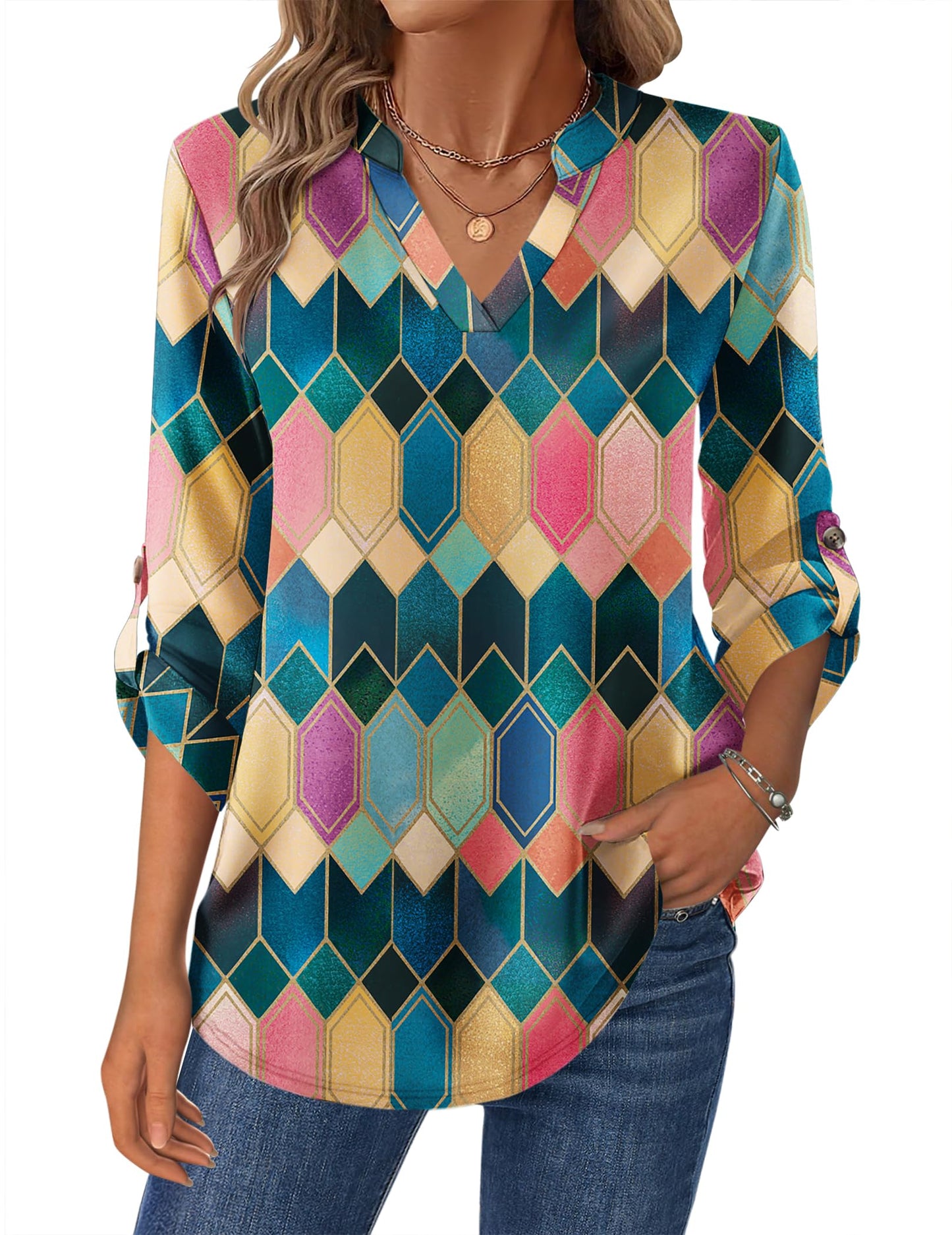 Women’s Plaid V-Neck Shirt – Long Sleeve Roll-Up Top