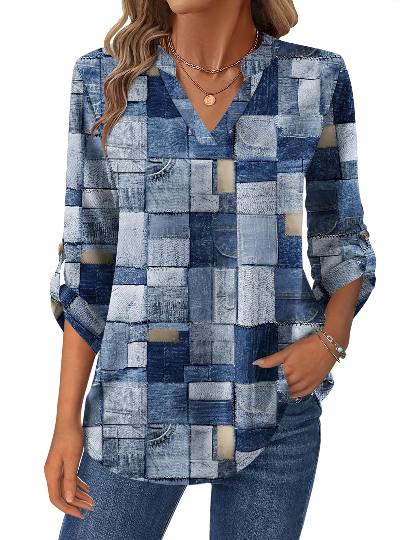 Women’s Plaid V-Neck Shirt – Long Sleeve Roll-Up Top