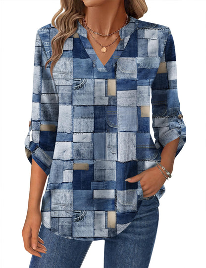 Women’s Plaid V-Neck Shirt – Long Sleeve Roll-Up Top