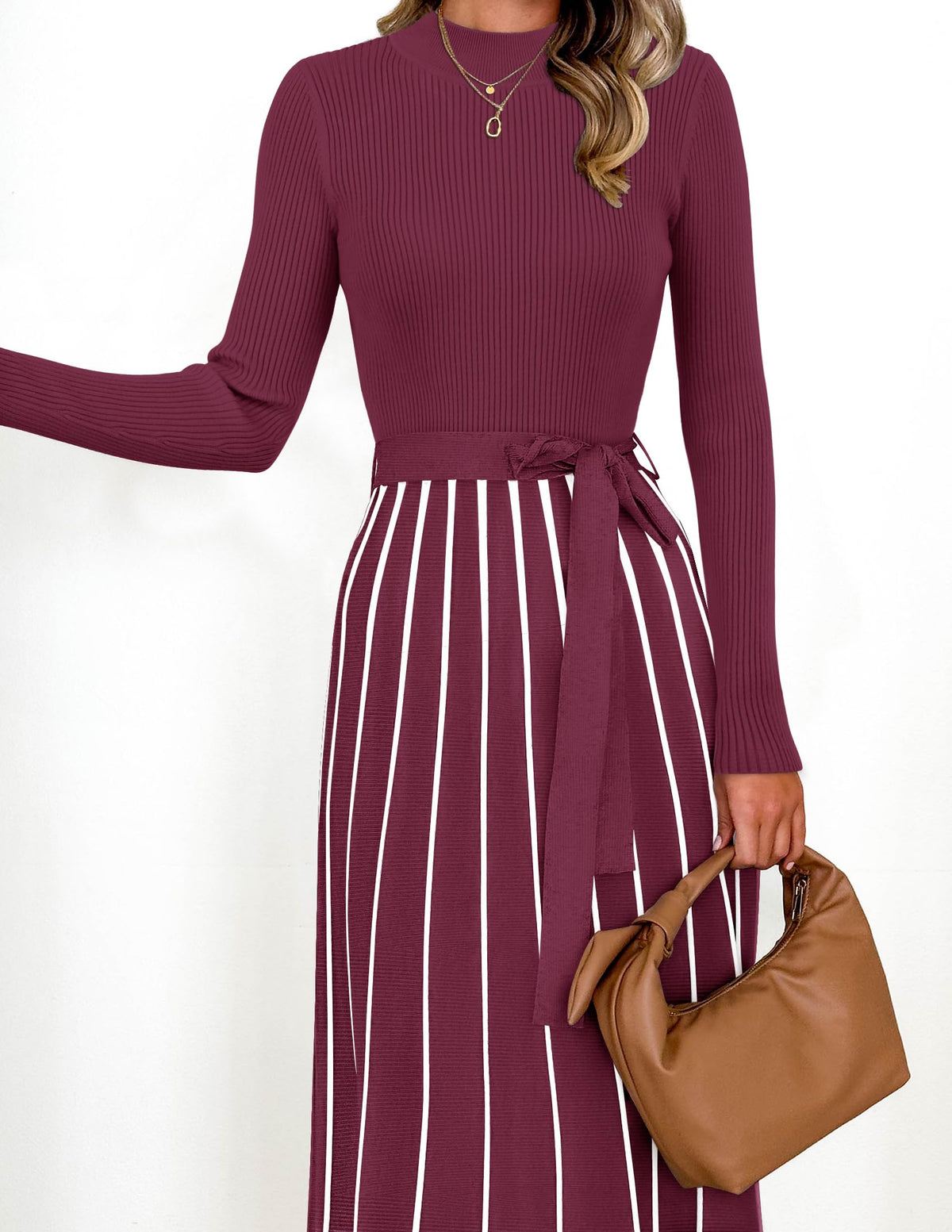 Belted Turtleneck A-Line Sweater Dress The Nichole Collection