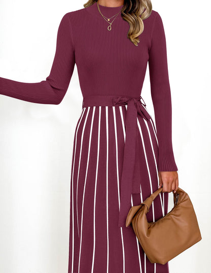 Belted Turtleneck A-Line Sweater Dress The Nichole Collection