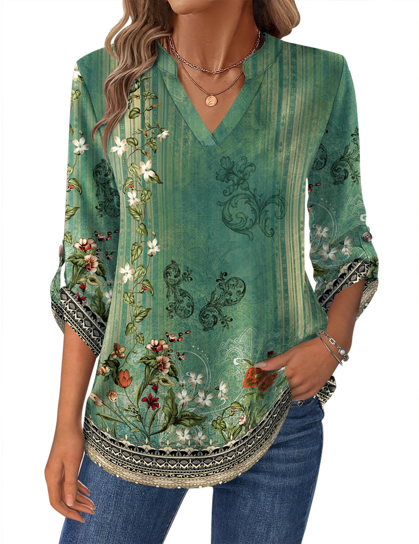 Women’s Plaid V-Neck Shirt – Long Sleeve Roll-Up Top