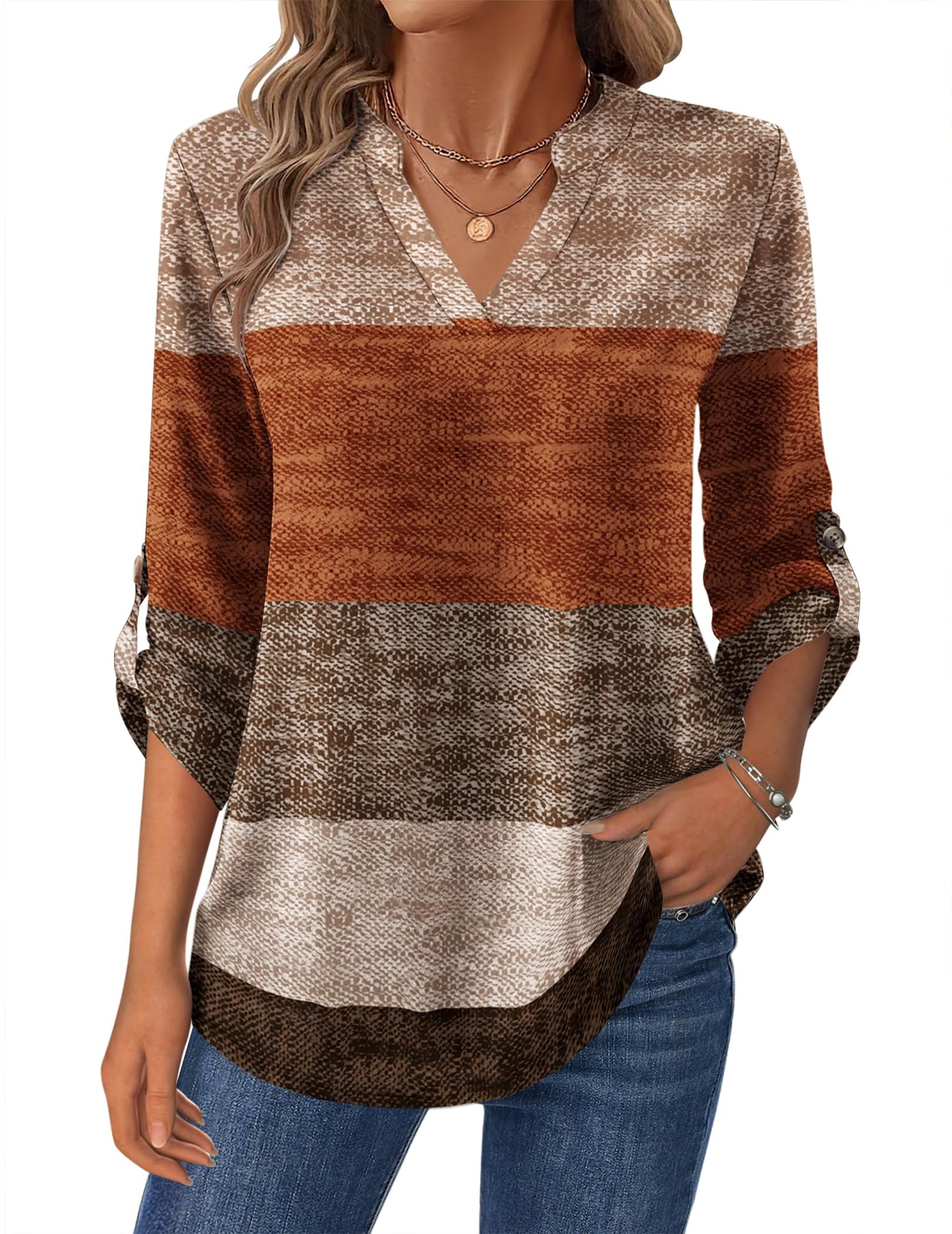 Women’s Plaid V-Neck Shirt – Long Sleeve Roll-Up Top