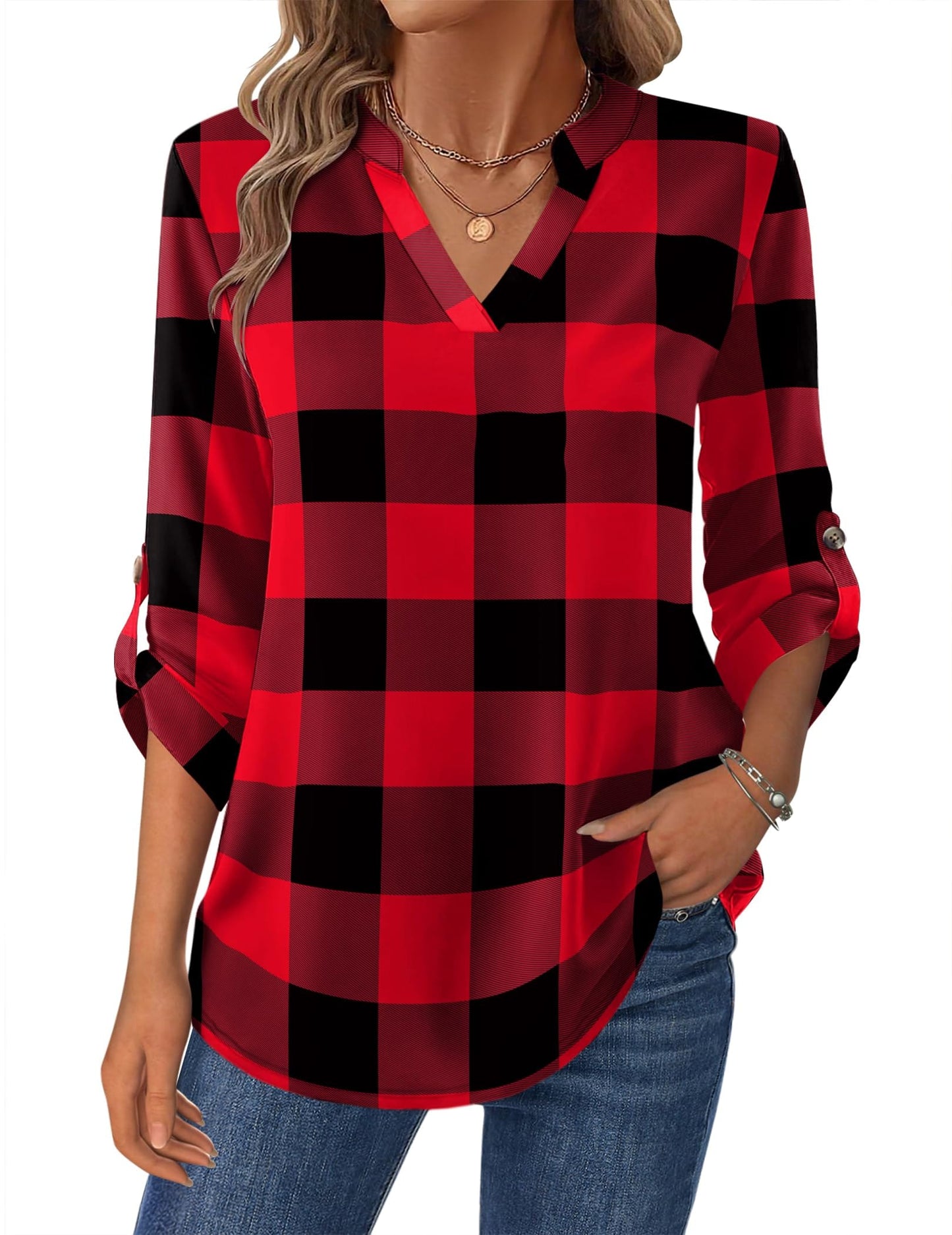 Women’s Plaid V-Neck Shirt – Long Sleeve Roll-Up Top