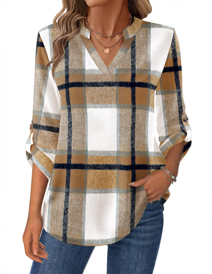 Women’s Plaid V-Neck Shirt – Long Sleeve Roll-Up Top