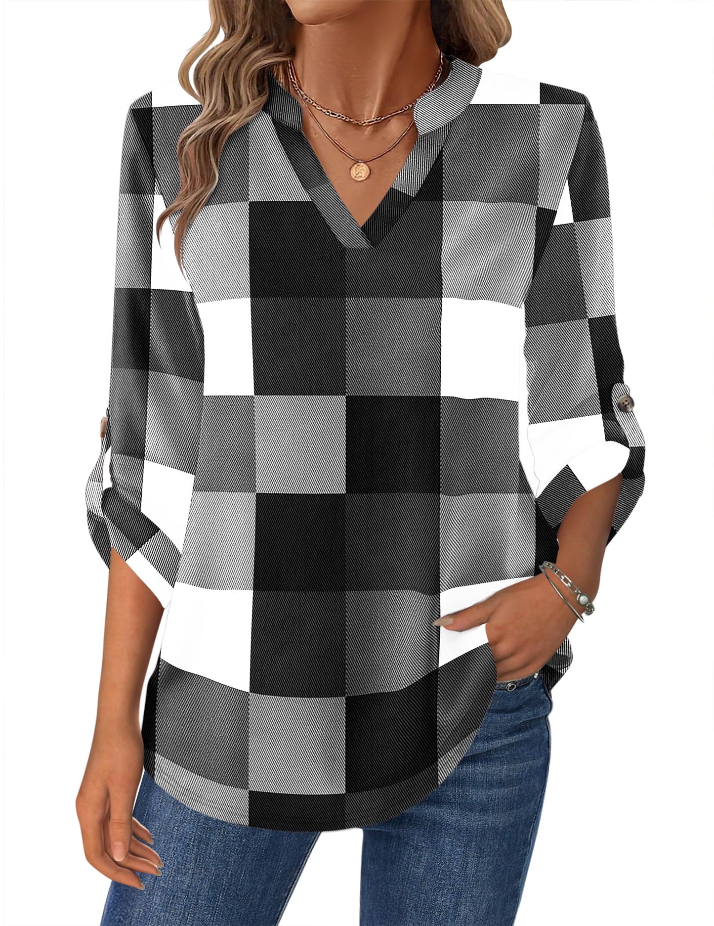 Women’s Plaid V-Neck Shirt – Long Sleeve Roll-Up Top