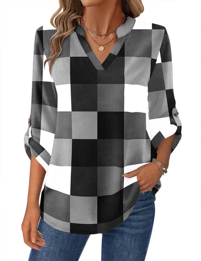 Women’s Plaid V-Neck Shirt – Long Sleeve Roll-Up Top